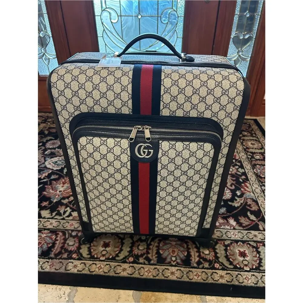 Gucci Savoy, GG Supreme suitcase, iconic blue/red web stripe made in Italy